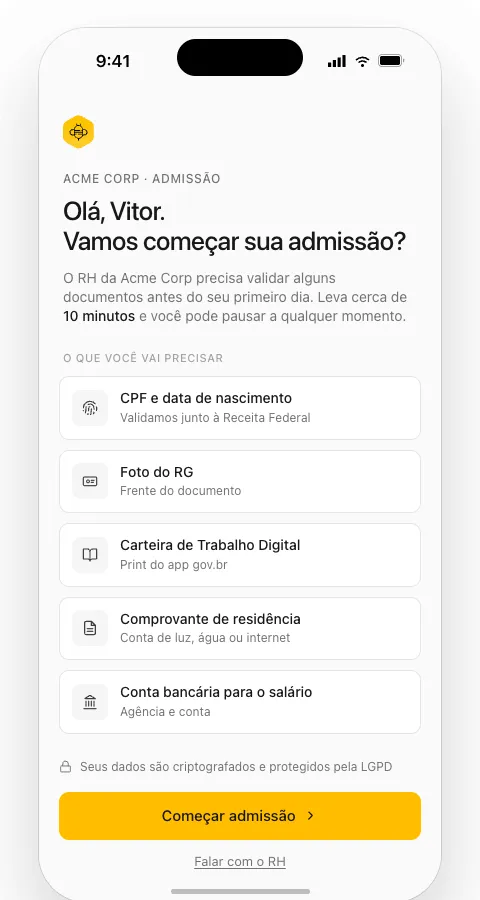 Tela inicial do app de admissão: lista de documentos que o candidato vai precisar enviar
