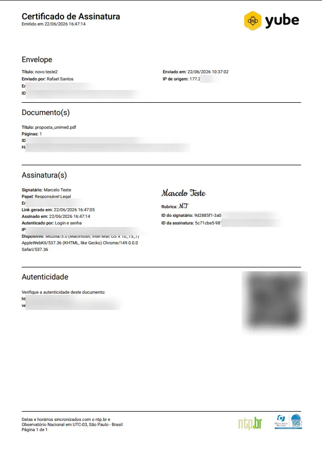 Exemplo de certificado de assinatura emitido pela Yube, com autoria, documento, assinatura e selo de autenticidade